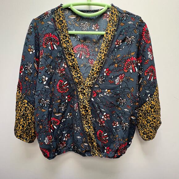 Colorful Floral Faux Wrap Blouse 3/4 Sleeve Elastic Waist - Picture 1 of 8